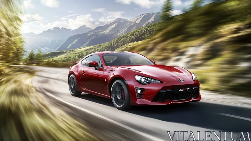 Red sports coupe powers through winding mountain road