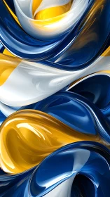 Curved abstract metallic forms in blue, white, and yellow tones.