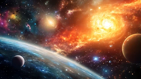 Multicolored deep space scene with planets and nebulae.