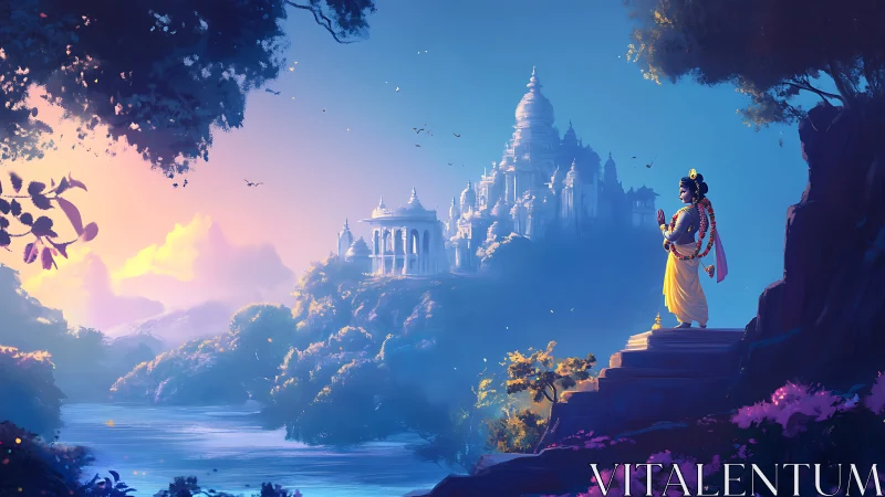 Digital painting of divine figure overlooking luminous temple valley.