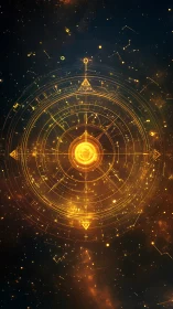 Celestial golden astrolabe renders luminous concentric star charts