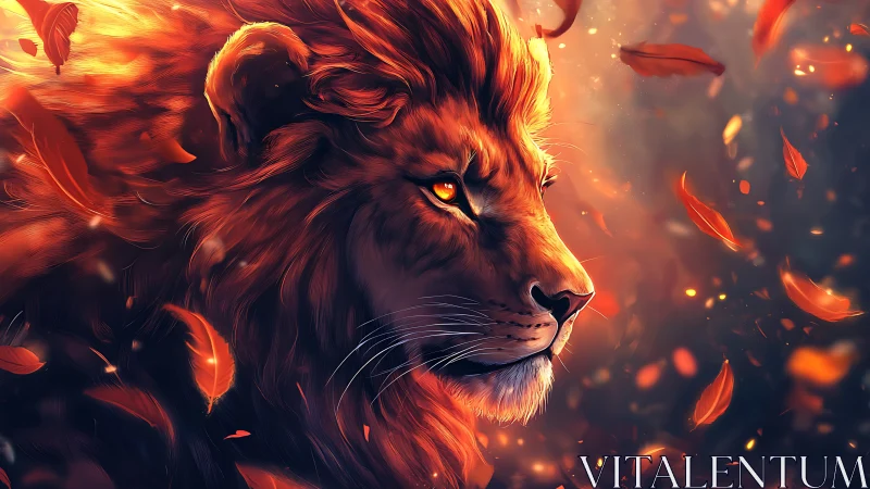 Lion head rendered in fiery orange light with drifting leaves