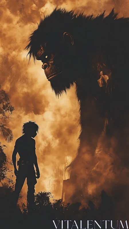 Colossal gorilla confronts lone hero amid burning jungle.