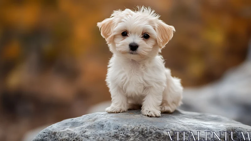 Fluffy cliffside sentinel pup soaking in autumn light.