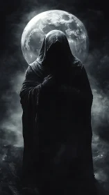 Moonlit wraith ascends from swirling fog and silver darkness.