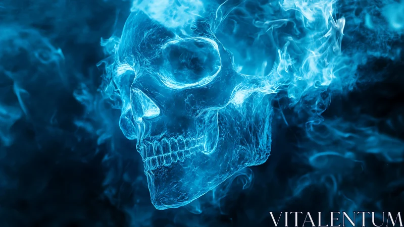 Luminous blue flaming skull drifts through swirling smoke.