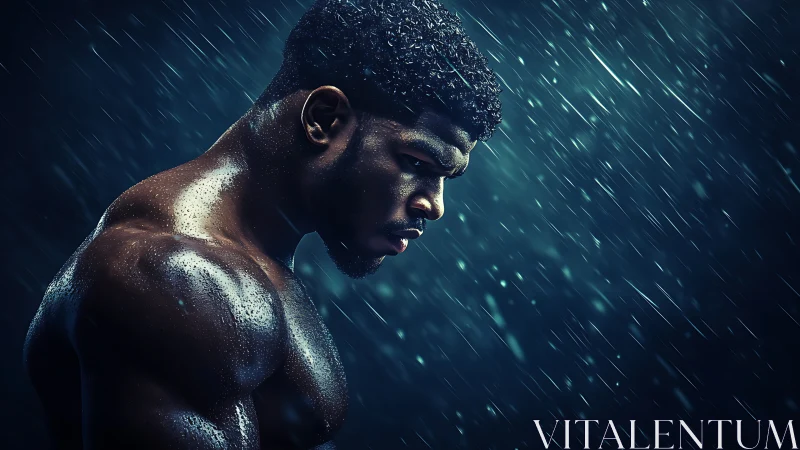 Athletic Male Profile in Rainfall: Digital Portraiture with Atmospheric Lighting.