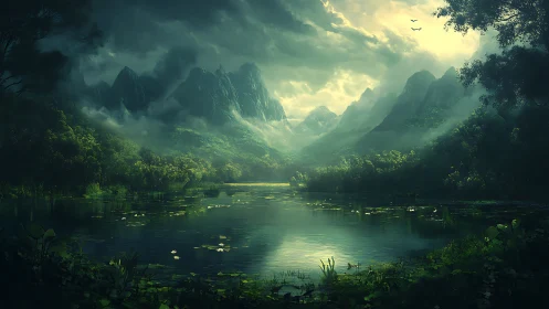 Luminous mist over mountainous forest lake in digital painting