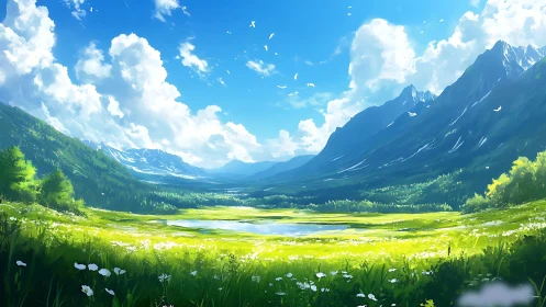 Vast alpine meadow under cumulus sky rendered in digital painting