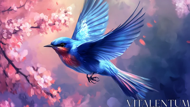 Vibrant bluebird in flight among cherry blossoms, digital painting.