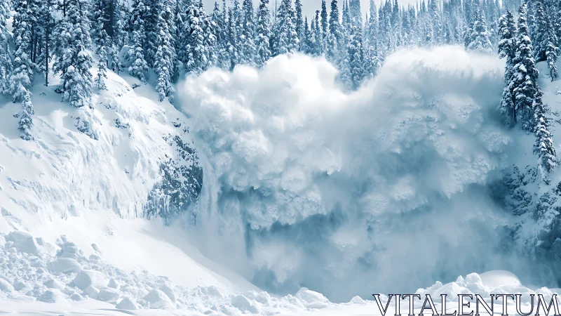 Massive alpine avalanche roars through dense snowy forest