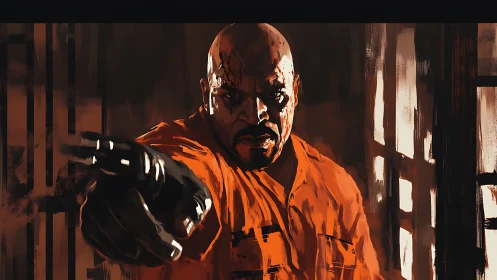 Intense inmate portrait in orange jumpsuit, dynamic pointing gesture