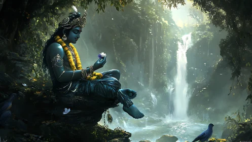 Blue deity contemplates lotus beside luminous jungle waterfall.
