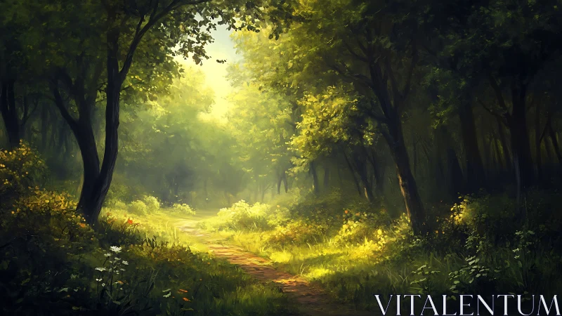 Golden Pathway Through Enchanted Forest Canopy.