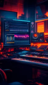 Neon-lit synth studio glows with cinematic digital waveforms.
