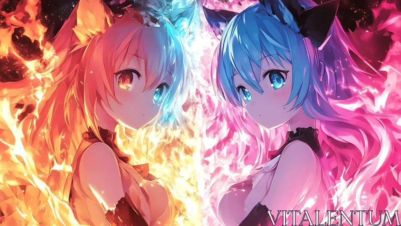 Twin elemental fox girls blaze in mirrored neon inferno.