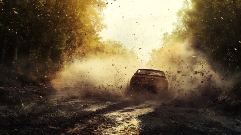 Rally car powersliding on muddy forest track at golden hour