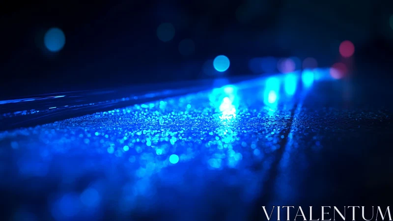 Wet surface reflects linear blue light in shallow focus view