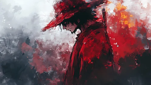 Solitary figure in red cloak and hat with sword profile.