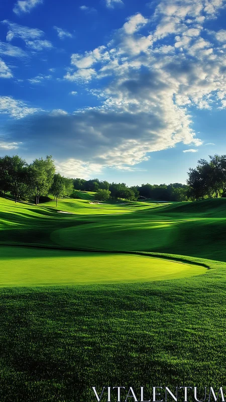 Golf course green and fairway sit under partly cloudy sky