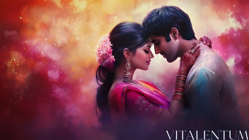 Romantic Indian couple in golden haze. A dreamy portrait.