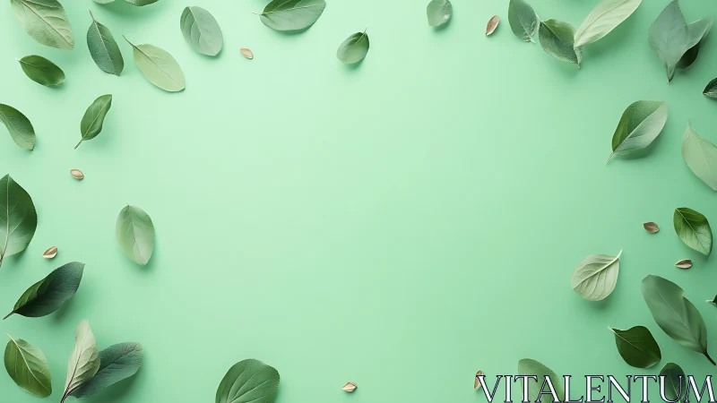 Green leaves encircle a calm mint background for natural design