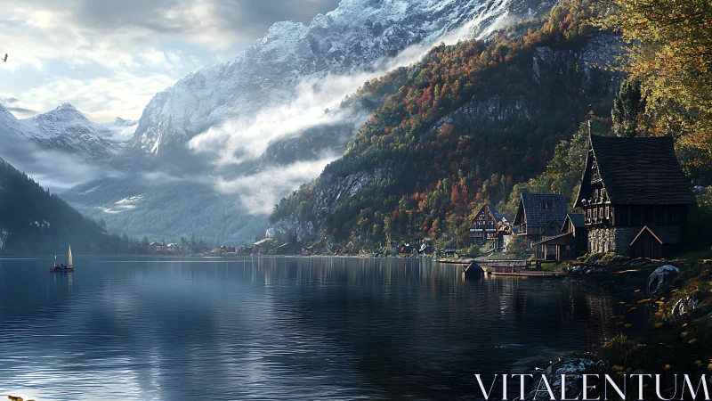 Mountain lake village dreaming beneath drifting autumn mist.