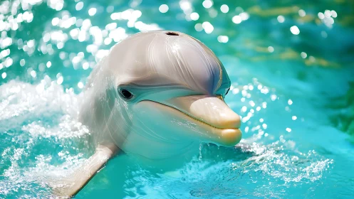 Sparkling dolphin rises through jewel-bright turquoise water.