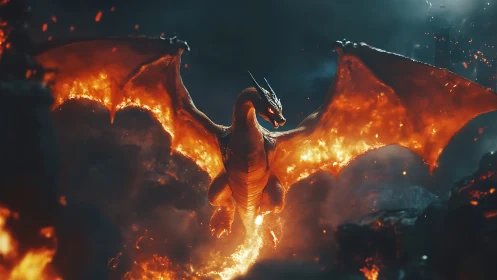 Inferno-winged dragon carves burning paths through midnight storm