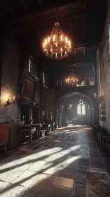 Medieval stone hall under chandeliers and window light.