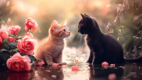 Two Kittens in Romantic Garden: Digital Rendering with Volumetric Lighting and Bokeh