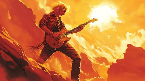 Rock guitarist on sunlit canyon ridge in vivid orange scene.
