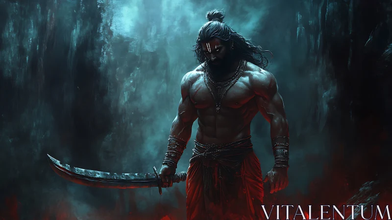 Warrior ascends from crimson flames in shadowed cavern.