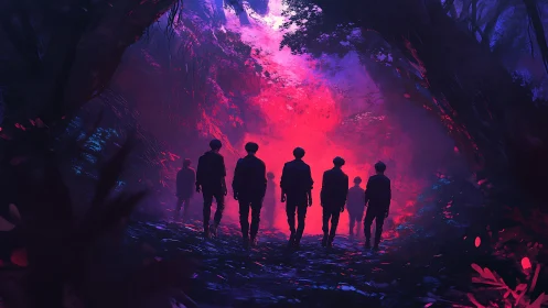 Seven young explorers walk toward a glowing forest portal