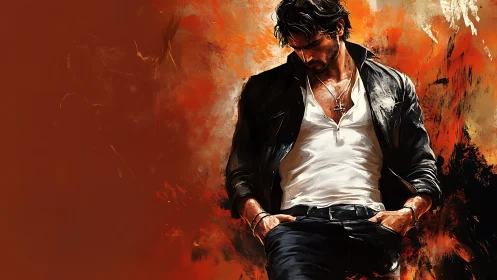 Brooding man in leather jacket stands in bold painted flames