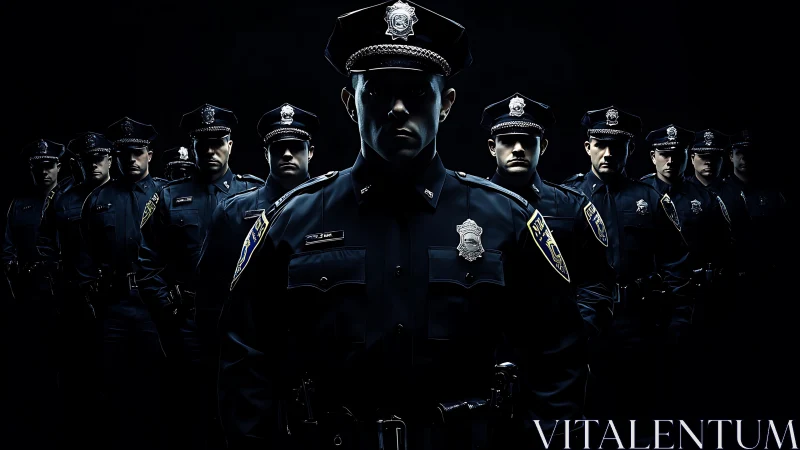 Line of uniformed police officers in dark studio lighting.