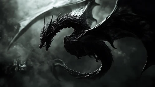 Stormlit shadow dragon gliding through a restless sky.