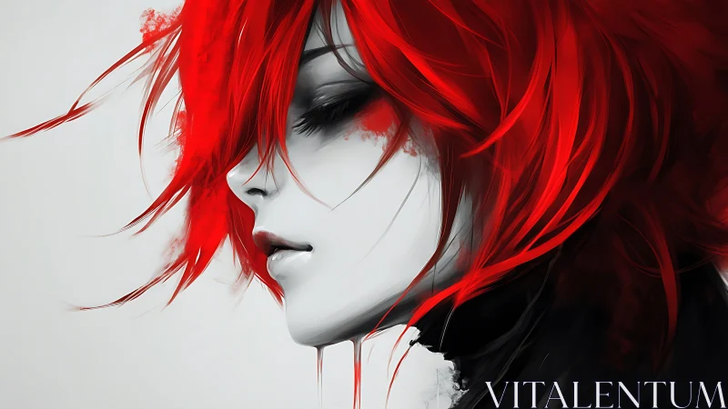 Scarlet-haired dreamer drifting in monochrome quiet. Period.