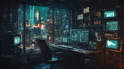 Neon midnight hacker nest above a restless data city.