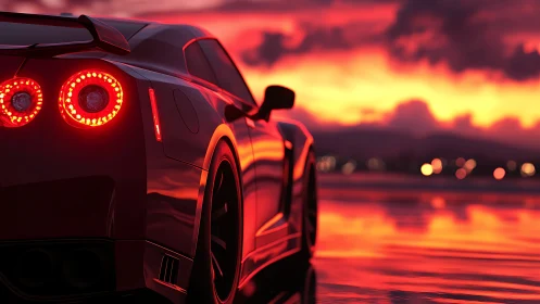 Sports coupe rear view on wet coastal road at sunset.