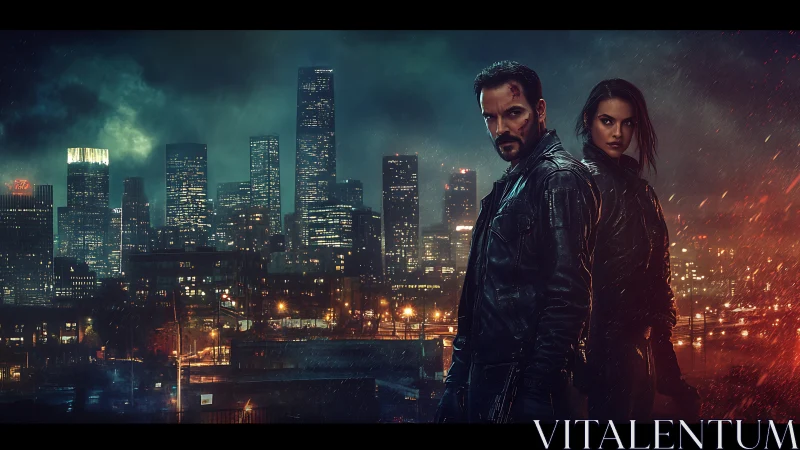 Armed vigilantes stand in rain against neon city skyline