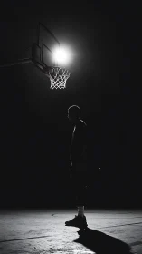 Midnight court silhouette beneath a lone burning rim.