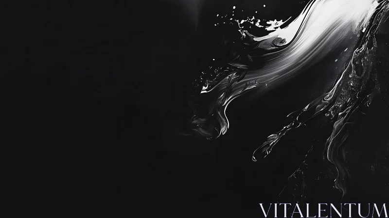 Monochrome liquid streak traverses a dark negative space