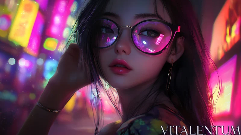 Neon-reflective cyberpunk portrait with bokeh city glow.