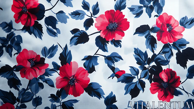 Red and Navy Floral Botanical Pattern Fabric Design