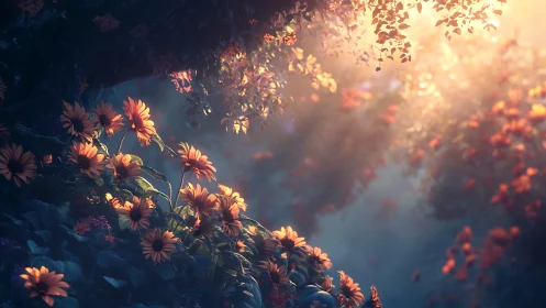 Sunlit wildflowers glow through misty enchanted forest.