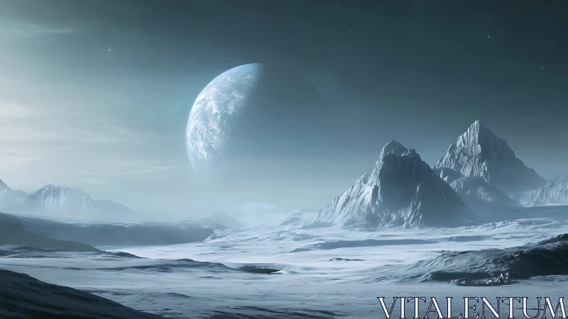 Frozen alien landscape displays icy plains and distant planet