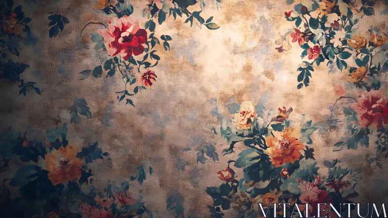 Vintage floral mural reveals textured patina and soft vignetting