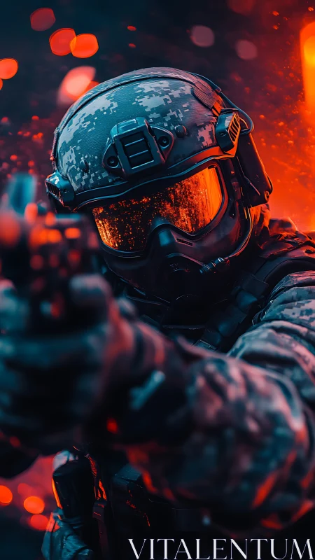 Tactical operator aiming weapon in red-lit environment.
