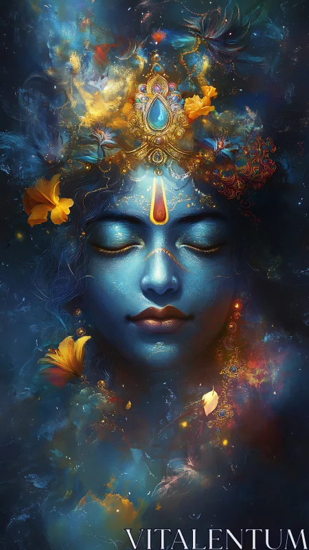 Celestial blue goddess in meditative cosmic bloom.